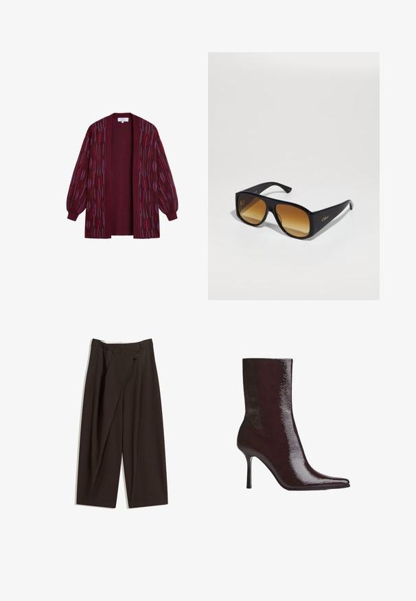 Long gilet bourgogne avec des manches bouffantes, doté d'un motif aux nuances rouges et violettes. Fabriqué en matériau tricoté doux et texturé.; Chemise à boutons bleu marine avec des rayures verticales blanches, manches longues, un col pointu et un ourlet légèrement arrondi, fabriquée en tissu lisse.; Pantalons larges marron foncé à taille haute, dotés d'une fermeture à un bouton et d'un devant plissé. Confectionnés en tissu léger.; Bottine bordeaux avec une finition brillante, bout pointu et fin talon haut. Son design épuré met en valeur une texture lisse et une silhouette élancée.; Lunettes de soleil rectangulaires noires avec des verres bruns dégradés. Fabriquées en plastique, elles présentent une surface lisse et un logo doré discret sur la branche.