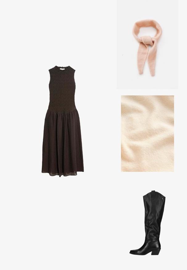 Krémově zbarvená, texturovaná tkanina s měkkým, chlupatým povrchem a jemným vroubkováním, která předvádí něžné záhyby a vlnění.; Dlouhá hnědá midi šaty bez rukávů s texturovaným přiléhavým trupem a nařasenou kostkovanou sukní na bílém pozadí.; Černé kožené vysoké kozačky s mírně texturovaným povrchem. Mají špičatou špičku, blokový podpatek a logo na vrchu.; Bledě růžový pletený šátek, měkká textura, smyčkový design s prodlouženými konci, s uzlovým detailem uprostřed.