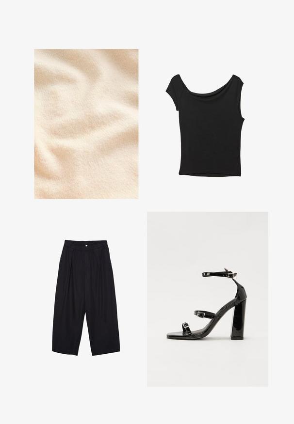 Cremefarvet, tekstureret stof med en blød, fuzzy overflade og subtile ribber, der viser bløde folder og bølger.; Sort kortærmet top lavet af glat stof; har en draperet halsudskæring og en asymmetrisk kant, med en tætsiddende pasform.; Sorte polyester culotte bukser med elastisk talje, to forpiber og en løs silhuet. Ingen synlige mønstre eller hardware detaljer.; Sorte patenterede hælsandaler med firkantet tå, ankelremme og sølvspænder. Har en chunky blokHæl for stabilitet.
