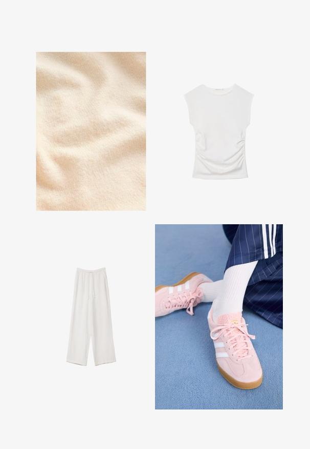 Crème-kleurige, gestructureerde stof met een zachte, fuzzy oppervlakte en subtiele ribbels, die lichte plooien en golvingen tonen.; Witte mouwloze top met ronde halslijn en subtiele plooitjes aan de zijkant, plat weergegeven tegen een witte achtergrond.; Witte wijde broek gemaakt van een lichte stof. Voorzien van een elastische tailleband met een trekkoord en zijzakken. Zachte textuur.; Lichtroze suède sneakers met witte strepen en veters, voorzien van een gestructureerde tong en een gumzool, geplaatst op een blauwe tapijt.