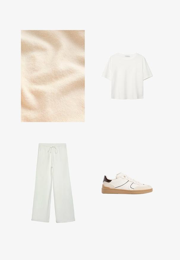 Cream-colored, textured fabric with a soft, fuzzy surface and subtle ribbing, showcasing gentle folds and undulations.; White short-sleeve t-shirt made of cotton. Features a crew neckline and a relaxed fit. Smooth texture with no visible patterns or accents.; White wide-leg pants made of soft fabric. Features an elastic waistband with a drawstring and a smooth texture. No visible patterns or hardware.; Stradivarius Trainers - white