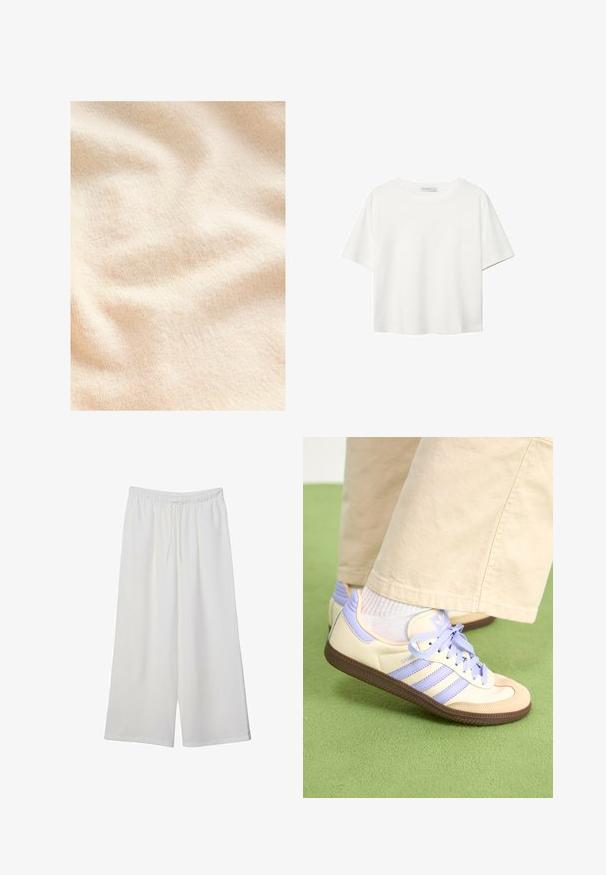 Cremefarbener, strukturierter Stoff mit einer weichen, flauschigen Oberfläche und subtilen Rippungen, die sanfte Falten und Wellen zeigen.; Weißes T-Shirt mit kurzen Ärmeln aus Baumwolle. Hat einen Rundhalsausschnitt und eine lockere Passform. Glatte Textur ohne sichtbare Muster oder Akzente.; Weiße, weit geschnittene Hosen aus leichtem Stoff, mit einem elastischen Bund und einem Zugband für eine verstellbare Passform. Glatte Textur.; Cremefarbene und lavendelfarbene Sneakers mit drei Streifen und einer strukturierten braunen Sohle, ausgestattet mit Schnürsenkeln und einer gepolsterten Ferse. Obermaterial aus weichem Stoff.