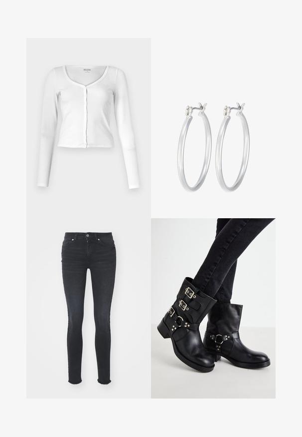 Biała bluzka z długim rękawem, wykonana z prążkowanej tkaniny, z okrągłym dekoltem i zapięciem na guziki. Dopasowany krój z delikatną teksturą.; Czarny body z długim rękawem i wysokim dekoltem, wykonane z gładkiego materiału na torsie oraz przejrzystych siateczkowych rękawach, zaprojektowane w dopasowanym kształcie.; Czarne dżinsowe wąskie spodnie z średnim stanem, pięcioma kieszeniami i postrzępionym dołem. Tkanina ma gładką fakturę z delikatnym streczem.; Czarne skórzane botki za kostkę z trzema klamrami, okrągłym noskiem i niskim obcasem w kształcie bloku. Projekt zawiera gładkie i teksturowane panele.; Srebrne kolczyki w formie kółek o gładkim, polerowanym wykończeniu. O okrągłym kształcie i pewnym zapięciu na klik. Lekka konstrukcja odpowiednia do codziennego noszenia.