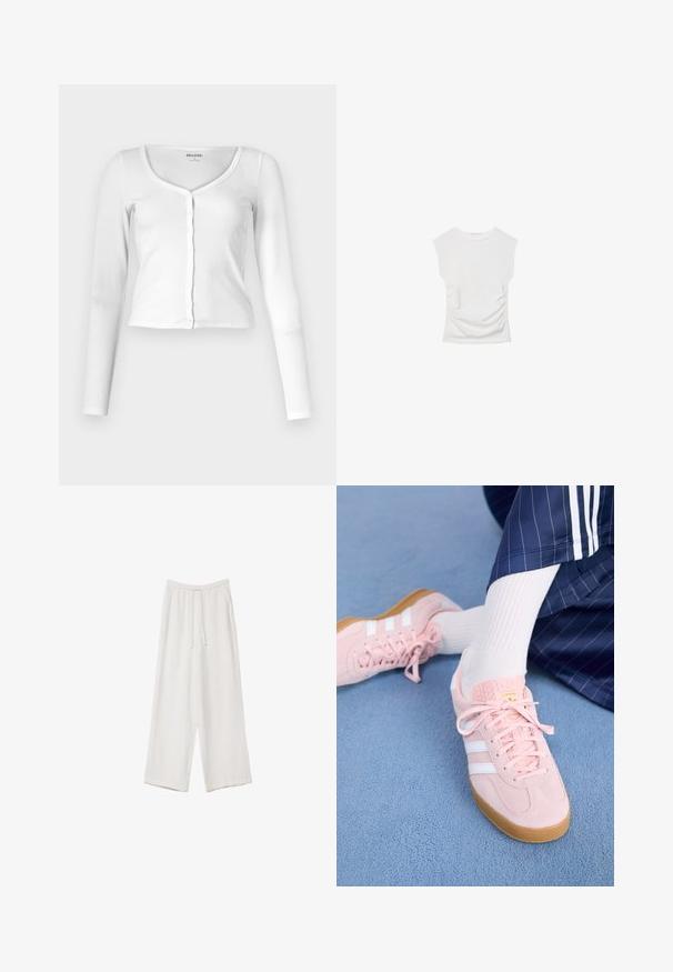 Top bianco a maniche lunghe realizzato in tessuto a costine, con scollatura a barchetta e abbottonatura frontale. Design aderente con una sottile texture.; Top bianco a maniche corte con scollo rotondo. Caratterizzato da una texture arricciata lungo i lati e una silhouette aderente, realizzato in materiale morbido e elasticizzato.; Pantaloni a gamba larga bianchi realizzati in un tessuto leggero. Presentano una vita elastica con cordoncino e tasche laterali. Texture liscia.; Sneakers in suede rosa chiaro con strisce e lacci bianchi, dotati di una linguetta testurizzata e di una suola in gomma, posizionati su un tappeto blu.