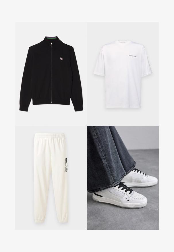 Melna ar rāvējslēdzēju kabata ar augstu apkakli, strukturēts audums un neliels rakstains logotips uz krūtīm. Apkaklē iekļauti daudzkrāsaini svītru akcenti.; Baltas īsām piedurknēm T-kreklis no kokvilnas ar V veida kakla izgriezumu, uz kura kreisajā pusē ir melns "FILLING PIECES" logo.; Gai bēšas sporta bikses ar elastīgu jostu un elastīgām aprocēm. Kreisajā kājā ir melns iegravēts logo. Mīksta auduma tekstūra.; Baltas sneakers ar melnām auklām un sieta detaļām. Iekļauj gludu ādas virsu un strukturētu gumijas zoli. Pāris ar platām pelēkām džinsām.