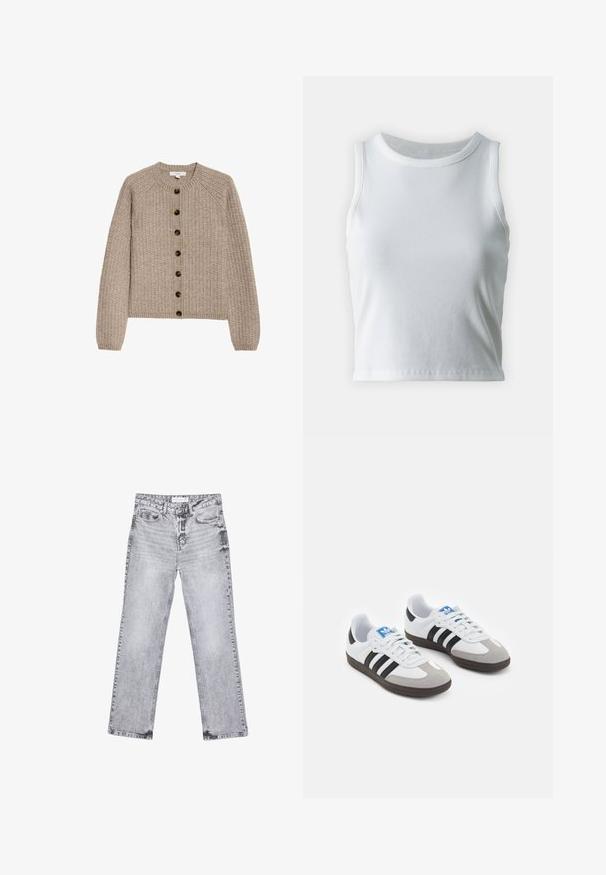 Beige gestrickte Jacke mit langen Ärmeln, gerippten Bündchen, rundem Ausschnitt und einer Reihe von sieben dunklen Knöpfen auf der Vorderseite.; Weißes, geripptes Tanktop mit runder Ausschnittform und ärmellosem Design, ausgestattet mit einem geraden Saum und einer glatten, dehnbaren Textur.; Graue Jeans aus Denim mit geradem Bein, mit Used-Effekten, fünf Taschen und kupferfarbenen Nieten. Der Bund verfügt über ein Logoshirt.; Sportschuhe mit einem Obermaterial aus weißem Leder, grauer Wildleder-Zehenkappe und drei schwarzen Streifen. Sie verfügen über ein blaues Logo auf der Zunge und eine strukturierte Gummisohle.
