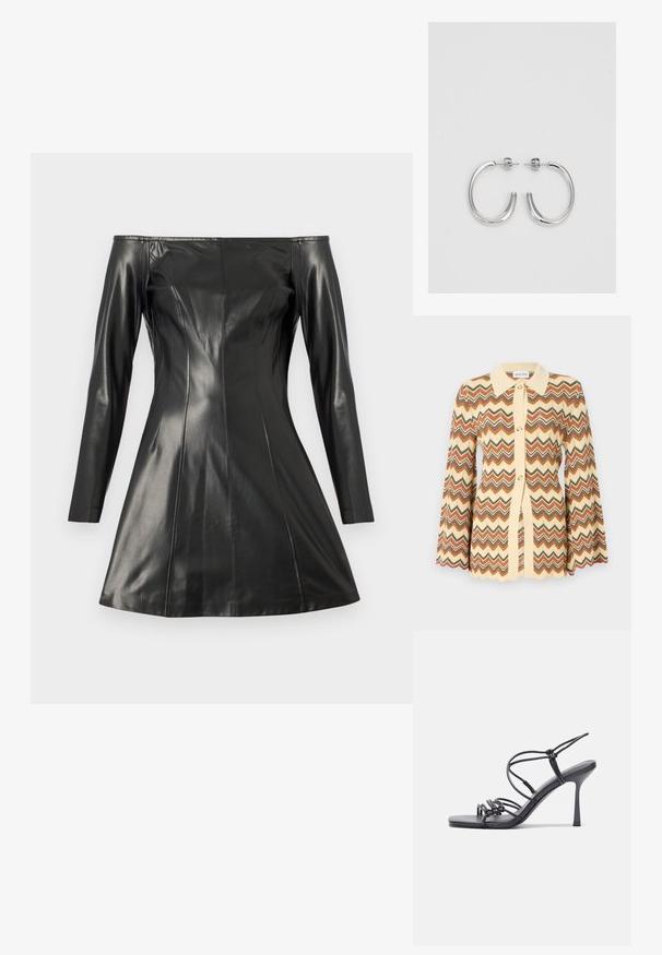 Pletený kardigan s chevron vzorom v smotanovej, hrdzavej, šedej a hnedej farbe. Dlhé zvonové rukávy so zúbkovanými okrajmi. Predné zapínanie na gombíky.; Čierne šaty bez ramienok vyrobené z hladkej kože. Majú dlhé rukávy, zúžený strih a rozšírenú sukňu. Viditeľné švy a textúrové detaily.; Čierne sandále na vysokom podpätku majú tenké remienky s uzlovým dizajnom, hladký štvorcový špičku a elegantný stiletto podpätok.; Svetlošedá metalická kabelka s reťazovým popruhom, ozdobená malými kruhovými kovovými štítkami a trojuholníkovým logom značky.; Strieborné kruhové náušnice s hladkým a lesklým povrchom. Okrúhly tvar, ľahký dizajn, s uzáverom na kolík.
