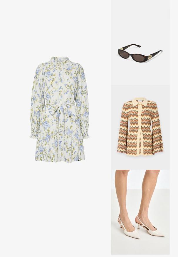 Cardigan tricotat cu un model în zigzag în nuanțe de crem, rugină, gri și maro. Mâneci lungi tip clopot cu margini ondulate. Închidere frontală cu nasturi.; Rochie florală albă cu flori albastre și verzi, având guler, închidere cu nasturi în față, mâneci lungi cu manșete elastice și un cordon în talie.; Cizme slingback din piele vopsită bej, cu vârf ascuțit și toc de 5 cm, având laterale decupate și o curea subțire la gleznă.; Ochelari de soare din țiglă cu lentile ovale alungite, nuanță maro, accente cu logo auriu pe brațele laterale și brațe negre elegante.; Geantă albă cu flori, cu o suprafață din material adunat, bretea din lanț cu aspect auriu și închidere metalică. Prezintă petale texturate pentru un plus de detaliu.