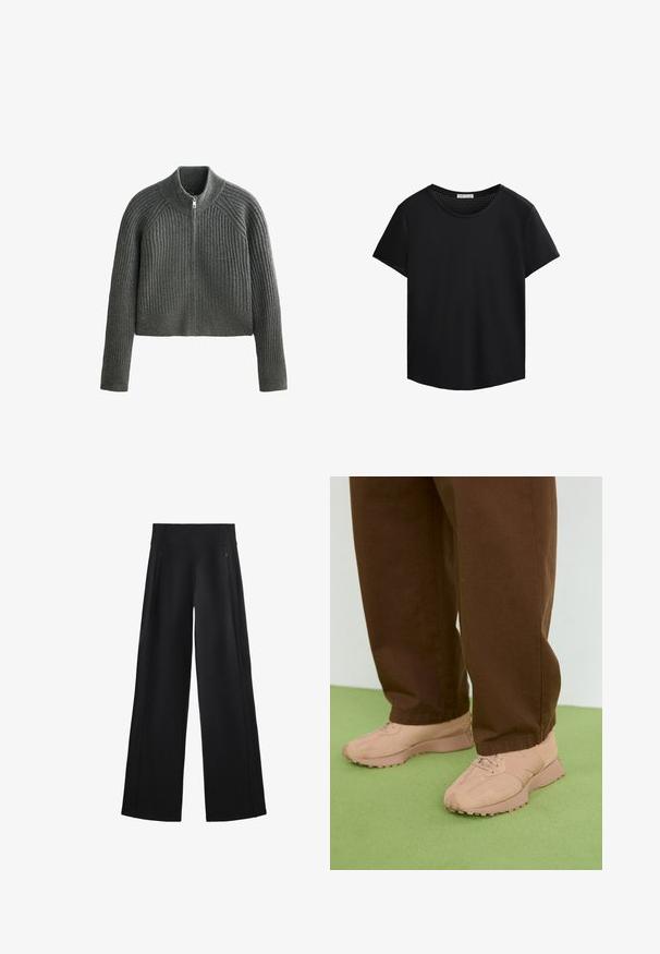 Sivý rebrovaný pletený sveter s vysokým golierom a plným zipsom, s dlhými rukávmi a skrátenou dĺžkou. Textúrovaná látka dodáva hĺbku.; Čierne tričko s krátkym rukávom, okrúhlym dekoltom a perforovanými sieťovanými detailmi na pleciach. Hladká tkanina, uvoľnený strih, zaoblený lem.; Široké čierne nohavice vyrobené z mäkkého materiálu, s vysokým pásom a dvoma zipsovými vreckami, so subtílnymi švami po stranách.; Svetloružové tenisky s textúrovanou semišovou a sieťovanou vrchnou časťou, okrúlou špičkou, šnurovacím dizajnom a hrubými gumovými podrážkami. Nosené s hnedými voľnými nohavicami.