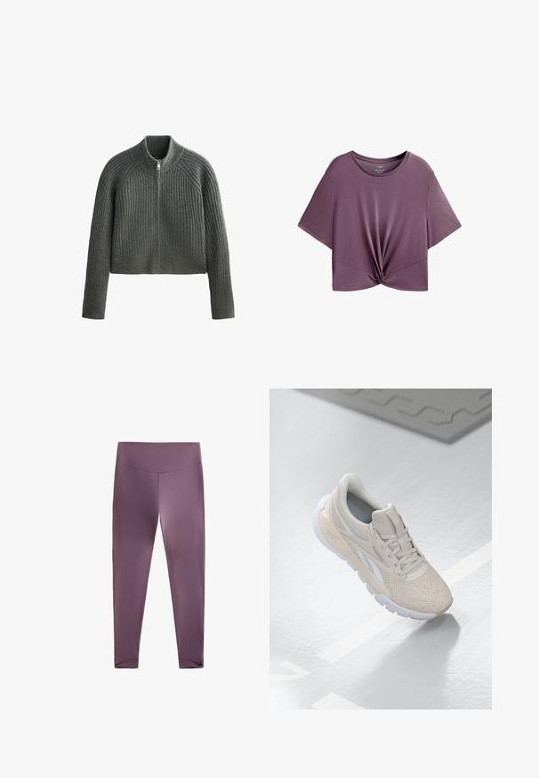 Šedý žebrovaný pletený svetr s vysokým límcem a plným zipem, který má dlouhé rukávy a zkrácenou délku. Texturovaná tkanina přidává hloubku.; Krátký rukáv, hluboká levandulová crop top vyrobená z měkkého jersey materiálu s detailním zkroucením vpředu a kulatým výstřihem.; Fialové sportovní legíny s vysokým pasem, vyrobené z hladkého, elastického materiálu. Obsahují zúžený design nohavic bez viditelných švů.; Světlé béžové sportovní boty s perforovaným svrškem, texturovanými akcenty, polstrovaným límcem a bílou gumovou podešví, navržené pro pohodlí a prodyšnost.