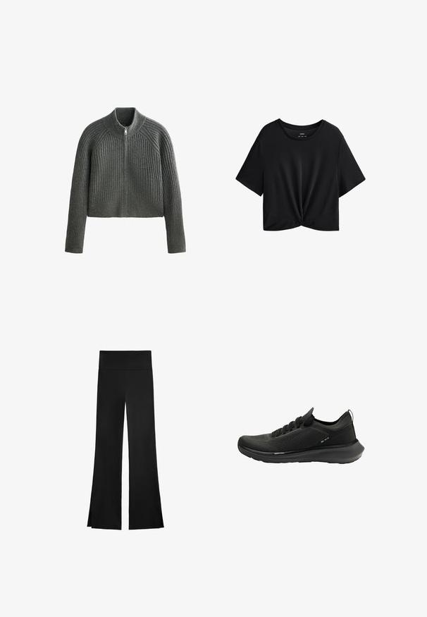 Sivi rebrasti pleteni pulover s visokim ovratnikom i punim zatvaračem, koji se odlikuje dugim rukavima i skraćenom dužinom. Tekstura tkanine dodaje dubinu.; Crna skraćena majica od mekog materijala, s okruglim izrezom, kratkim rukavima i čvorastim detaljem na rubu.; Crne hlače širokog kroja, s visokim strukom i bočnim prorezima za lakše kretanje. Izrađene su od glatkog, rastezljivog materijala.; Crna sportska cipela s teksturiranim gornjim dijelom od mrežice, zakrivljenim potplatom i minimalističkim dizajnom s vezicama za vezanje i suptilnim logotipom.