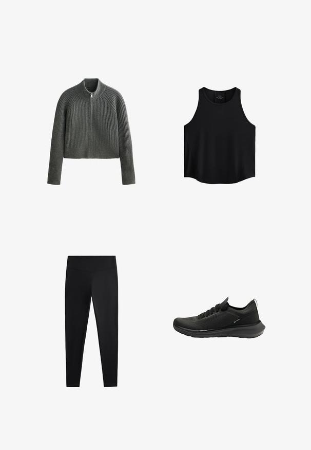 Šedý žebrovaný pletený svetr s vysokým límcem a plným zipem, který má dlouhé rukávy a zkrácenou délku. Texturovaná tkanina přidává hloubku.; Černý bezrukávový top vyrobený z hladké látky, s kulatým výstřihem, rovného střihu a postranními panely s jemnou texturou.; Černé legíny vyrobené z hladkého, elastického materiálu. Mají široký pas a zúžený střih nohavic, vhodné pro aktivní nebo volnočasové nošení.; Černá sportovní obuv s texturovaným síťovaným svrškem, zakřivenou podrážkou a minimalistickým designem s tkaničkovým zapínáním a nenápadným značením.