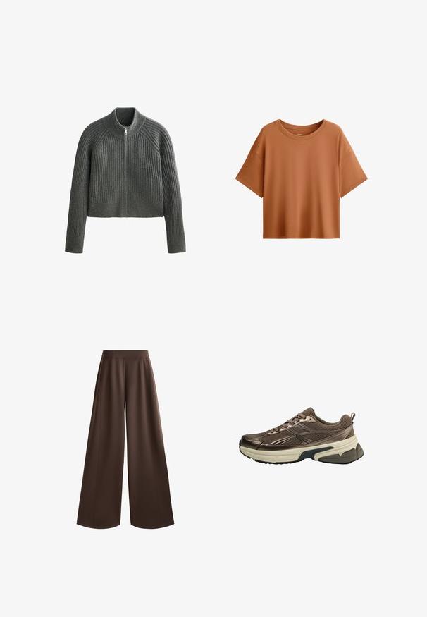 Grauer gerippter Strickpullover mit hohem Kragen und vollem Reißverschluss, langen Ärmeln und cropped Länge. Das strukturierte Material verleiht Tiefe.; Kurzarm, boxy T-Shirt in Rostfarbe. Aus glattem Stoff gefertigt, mit weitem Ausschnitt und lässiger Passform, mit einem sauberen Saum.; Weite Hosen in einem einfarbigen Dunkelbraun, mit einer glatten Textur, hoher Taille und vorderen Falten für zusätzliche Design-Details.; Brauner Sportschuh mit Mesh-Obermaterial, metallischen Akzenten, dicker weißer Zwischensohle und strukturiertem schwarzen Sohle. Verfügt über Schnürsenkel und eine Zuglasche.