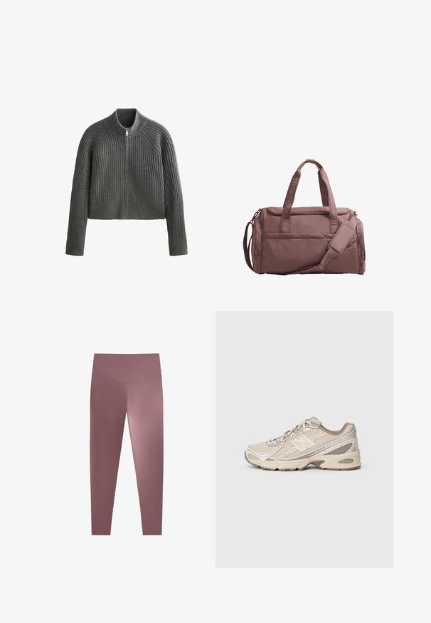 Grijze ribbengebreide trui met een hoge kraag en volledige rits, met lange mouwen en een cropped lengte. Gelaagd textiel voegt diepte toe.; Braal top in stofroze met een getailleerd ontwerp, gemaakt van zachte stof. Heeft een ronde hals en kruisleefbandjes voor ondersteuning en stijl.; Hooggewrongen, figuuraccentuerende leggings in een gedempt mauve kleur, gemaakt van een gladde, rekbare stof. Naadloos ontwerp zonder zichtbare hardware.; Beige sportieve schoen met een mesh bovenwerk, getextureerde accenten en een rubberen zool. Heeft een opvallend "N"-logo en contrasterende crèmekleurige details.; Bruine stoffen duffeltas met dubbele handvatten en een afneembare schouderriem. Voorzien van een ritssluiting en een zijvak. Soepele textuur.
