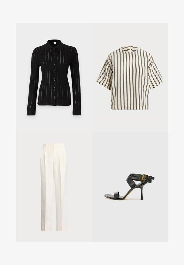 Μαύρο ριπ με καρό κάρντιγκ με μακριά μανίκια, γιακά και κουμπιά μπροστά. Διαθέτει κατακόρυφες ασημένιες ρίγες για υφή και λεπτομέρεια.; Κοντομάνικο, ριγέ τοπ σε κρέμα και ναυτικό, με στρογγυλή λαιμόκοψη και τετράγωνη γραμμή, φτιαγμένο από υφασμάτινη υφή.; Polo Ralph Lauren HEMP WIDE LEG PANT - Παντελόνι - nevis; Μαύρο τακούνι σανδάλι με διασταυρούμενες τιράντες και ρυθμιζόμενο κούμπωμα. Διαθέτει λεία υφή και κοφτό τακούνι.