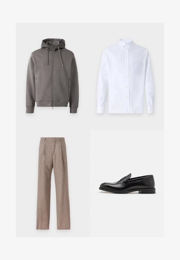 Gray zip-up hoodie with a textured hood lining, drawstrings, and side pockets. Features ribbed cuffs and hem for a snug fit.; White long-sleeve button-up shirt made of cotton, featuring a chest pocket with tonal embroidery, a collar, and button cuffs.; Brown, high-waisted trousers made of textured fabric. Features wide legs and two front pleats for structure. Neat finish with no visible hardware.; Black leather loafers with a smooth texture, rounded toe, and a decorative strap across the vamp. Low stacked heel, minimalist design.