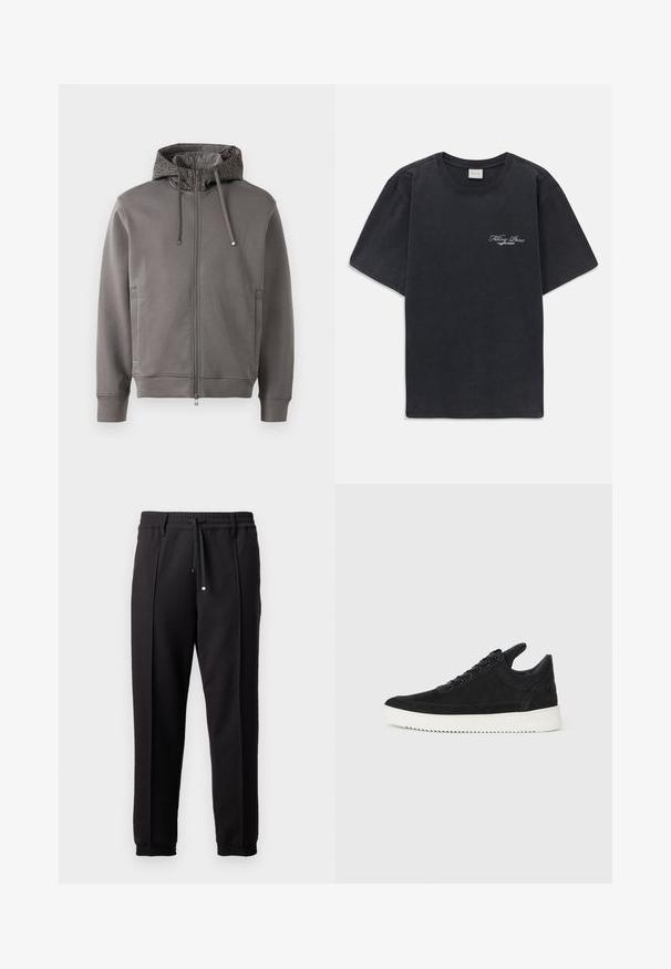 Gray zip-up hoodie with a textured hood lining, drawstrings, and side pockets. Features ribbed cuffs and hem for a snug fit.; Black short-sleeve crew neck t-shirt with small white "Filling Pieces" text logo on the left chest.; Black trousers with a waistband, drawstring, and elastic cuffs. Features pleats and a smooth, textured fabric.; Black suede sneaker with a white rubber sole, featuring tonal stitching and lace-up design. Smooth texture with a modern, streamlined shape.