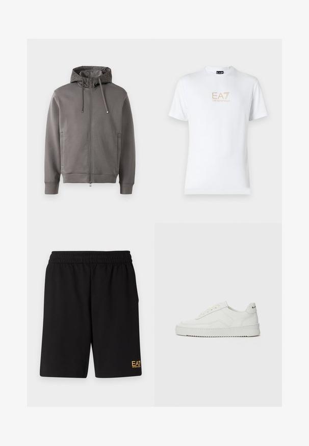 Harmaa vetoketjullinen huppari, jossa on teksturoitu huppulinja, kiristysnauhat ja sivutaskut. Varustettu ribbaustakilla ja helmalla tiukan istuvuuden takaamiseksi.; Valkoinen puuvillapaita, jossa on pyöreä kaula-aukko ja lyhyet hihansuut. Paidassa on etupuolella kultainen EA7 Emporio Armani -logo.; Mustat urheilushortsit, jotka on valmistettu pehmeästä kankaasta. Kengissä on joustava vyötärönauha ja pieni keltainen EA7-logo vasemmassa alakulmassa.; Valkoinen nahkakenkä, jossa on sileä pinta, pyöreä kärki, tasaiset nauhat ja teksturoitu pohja. Sisältää huomaamattoman logon kantapäässä.