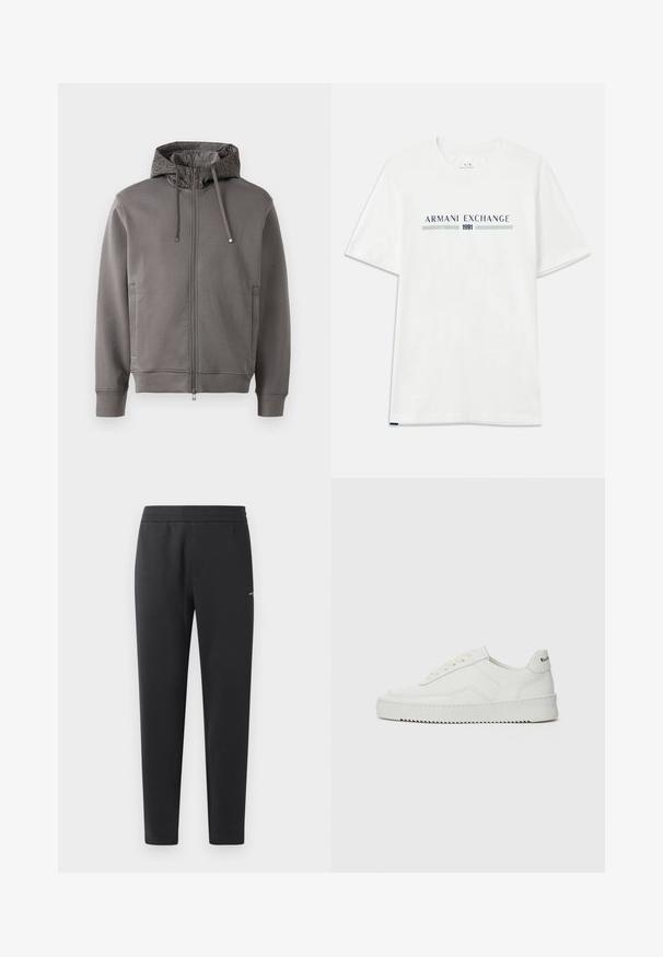 Grå hettejakke med glidelås, med strukturert fôr i hetten, snor og sidelommer. Har ribbestrikkede mansjetter og hem for en tettsittende passform.; Hvit bomull t-skjorte med korte ermer, med en blå og grønn "ARMANI EXCHANGE" logo og "1991" sentrert under.; Sorte joggebukser laget av myk stoff, med elastisk midjebånd, rette ben og en liten logo detalj på siden.; Hvite lærersneakers med en jevn overflate, rund tå, flate lisser og en teksturert såle. Har en subtil logo på hælen.