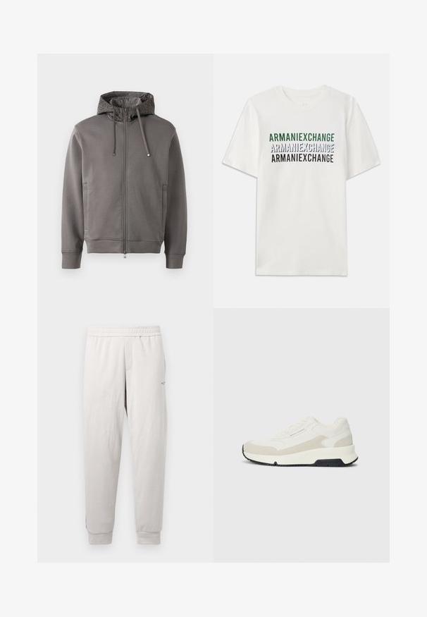 Felpa con zip grigia, con fodera dello cappuccio testurizzata, lacci e tasche laterali. Presenta polsini e orlo a coste per una vestibilità aderente.; T-shirt bianco in cotone con il testo ripetuto "ARMANIEXCHANGE" in verde, blu e nero. Maniche corte e collo a giroclassico.; Pantaloni della tuta grigio chiaro con vita elastica, tasche laterali, polsini a coste e un logo discreto sulla gamba, realizzati in un tessuto morbido.; Sneaker bassa bianca e beige con lacci, suola nera e marchio "Armani Exchange" sul lato e sulla suola.