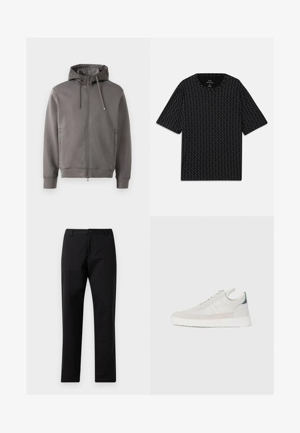 Szürke cipzáros kapucnis pulóver texturált kapucnis bélésse, zsinórokkal és oldalsó zsebekkel. Bordás mandzsettákkal és aljúval rendelkezik a kényelmes illeszkedés érdekében.; Fekete póló, váltakozó 'A' logók textúrájával, rövid ujjakkal és kerek nyakkivágással. Könnyű anyagból készült.; Fekete egyenes szabású nadrág gombos és cipzáras záródással, övhurkokkal és elülső zsebekkel, fehér háttérre kihelyezve.; Fehér bőr sportcipők szürke bársonyos részletekkel, fűzős kivitelben, hátul húzófüllel és texturált gumi talppal, amelyen zikk-zakk minta található.