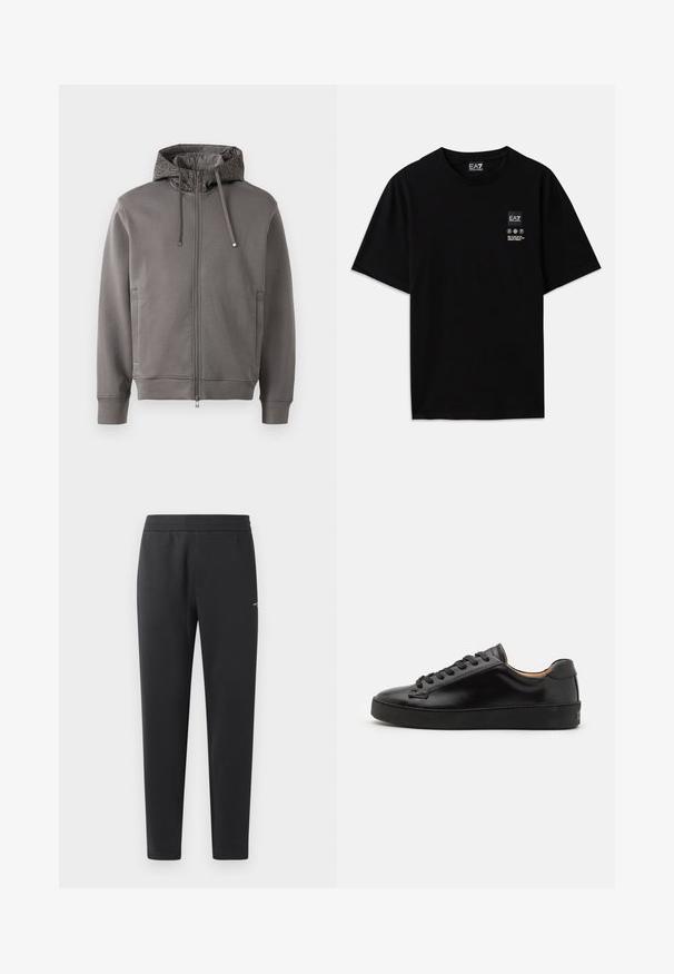 Grå lynlås hoodie med en tekstureret hætteforing, snore og sidelommer. Har ribbede manchetter og nederste kant for en tætsiddende pasform.; Sort bomulds t-shirt med korte ærmer, rund hals og et lille logo mærke på fronten med plejeikoner i hvidt.; Sorte joggebukser lavet af blødt stof, med elastisk måle, lige ben og et enkelt lille logo detaljeret på siden.; Sorte lædersneakers med en glat overflade, rund tå og sorte snørebånd. Har minimal branding på hælen og en gummisål.