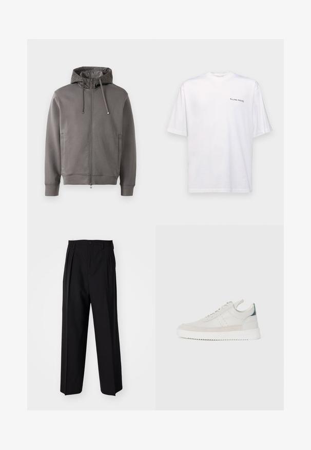 Šedá mikina s kapucí na zip s texturovanou podšívkou kapuce, stahovacími šňůrkami a bočními kapsami. Obsahuje ribbované manžety a lem pro pohodlné nošení.; Bílé tričko s krátkým rukávem z bavlny s výstřihem do V, na levé straně se nachází černé logo "FILLING PIECES".; Černé skládací kalhoty s rovnými, širokými nohavicemi. Vyrobené z hladké tkaniny, se zapínáním na knoflík a poutky na opasek.; Bílé kožené tenisky s šedými semišovými akcenty, šněrovací design, poutko a texturovaná gumová podrážka s cik-cak vzorem.