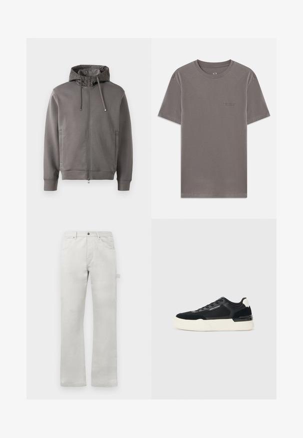 Moletom cinza com fecho éclair e forro texturizado na capuz, cordões e bolsos laterais. Apresenta punhos e bainha canelados para um ajuste confortável.; T-shirt cinza de mangas curtas feita de algodão macio. Decote redondo com um pequeno logo em relevo no lado esquerdo do peito. Textura suave, ajuste regular.; Calças cinza claro com um corte reto, feitas de tecido de algodão suave, apresentando bolsos frontais e um bolso lateral tipo cargo.; Sapata preta feita de malha e couro, apresentando uma sola branca grossa e detalhes contrastantes. Cadarços e detalhe do logótipo na lateral.