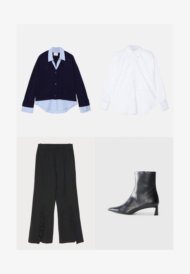 Tengerészkék kötött kardigán V nyakkivágással és bordás szegélyekkel, alatta világoskék galléros inggel. Négy fekete gomb díszíti az elejét.; Fehér, hosszúujjú ing sima anyagból, gombos elejével, nagy gallérral, kerekített aljjal, és egyetlen bal oldali mellzsebbel, amelynek varrási részletei vannak.; Fekete nadrág széles szárú dizájnnal, oldalsó varrásain ráncos részletekkel és lapos derékrésszel. Simább szövettextúra, szabott fazon.; Fekete bőr bokacsizma hegyes orral és letisztult dizájnnal. Alacsony sarka és hátsó cipzáras záródása van. Simának tűnő textúra.