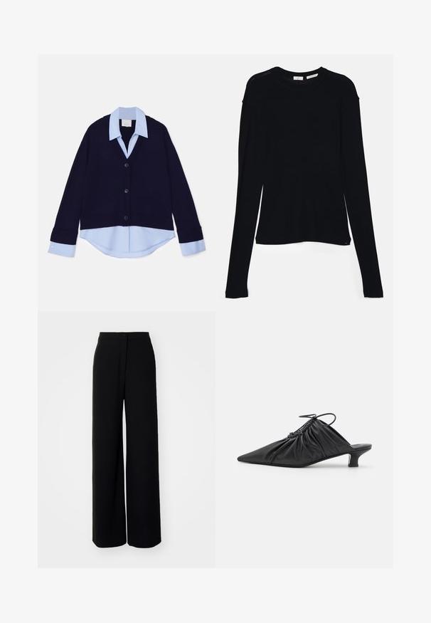 Cardigan in maglina blu navy con scollatura a V e bordi a coste, con una camicia colletto azzurro sottostante. Quattro bottoni neri decorano la parte anteriore.; Maglietta nera a maniche lunghe realizzata in tessuto morbido, con scollo rotondo e vestibilità ampia, dotata di spacchi laterali all'orlo per facilitare i movimenti.; Pantaloni neri a gamba larga con vita alta, tessuto morbido, chiusura frontale con bottone e senza tasche visibili, caratterizzati da una vestibilità su misura.; Mule in pelle nera senza chiusura con punta appuntita, texture raccolta e un piccolo tacco gattino. Presenta un dettaglio con cordoncino all'apertura.