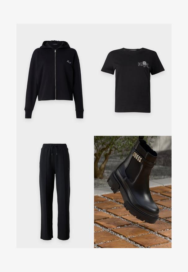 Schwarzer kurzes Hoodie aus weichem Stoff, mit vollem Reißverschluss, Fronttaschen und einem kleinen weißen gestickten Logo auf der Brust.; Schwarzes T-Shirt mit kurzen Ärmeln aus Baumwolle. Mit einem weißen Grafikdesign auf der Brust, das den Text "KARL" und eine stilisierte Figur zeigt. Rundhalsausschnitt.; Schwarze Sweatpants mit lässiger Passform, elastischem Bund, verstellbarem Kordelzug und vertikalen Nähten entlang der Beine. Weicher Stoffeindruck.; Schwarze Leder-Ankle-Boots mit einer groben Gummisohle, elastischen seitlichen Einsätzen und einem goldenen Akzent mit "GUESS"-Markierung.