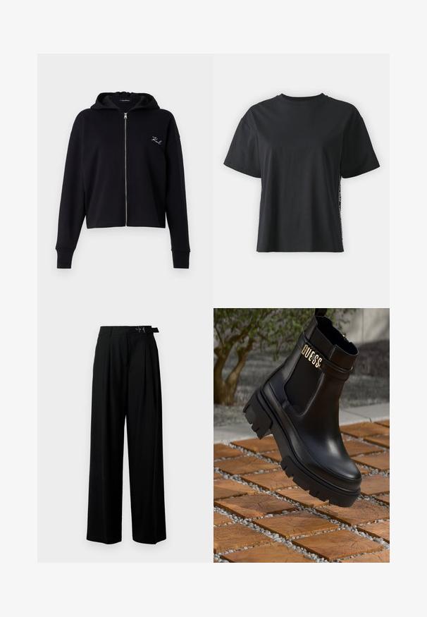 Hanorac scurt de culoare neagră, realizat dintr-un material moale, având fermoar complet, buzunare frontale și un mic logo brodat alb pe piept.; Tricou din bumbac negru cu mânecă scurtă, cu o croială lejeră și un panou lateral contrastant, având text mic și detalii de design.; Pantaloni negri cu croi larg, talie înaltă, pliuri în față și un b μέρος cu cataramă. Confecționați dintr-un material neted și ușor.; Botine negre din piele, cu o talpă groasă din cauciuc, panouri laterale elastice și un accent auriu cu brandingul "GUESS".