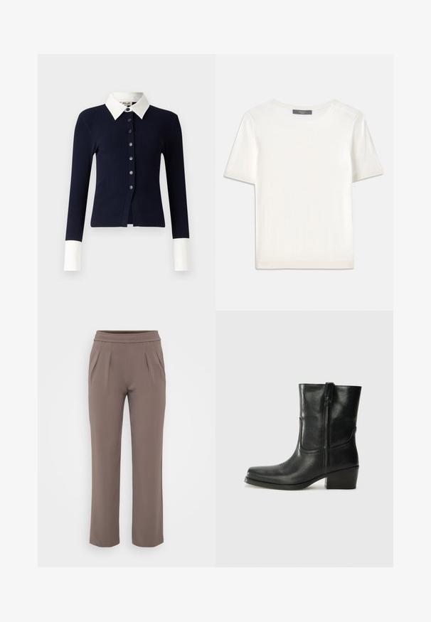 Marineblå ribbet cardigan med hvid krave, der har en knaplukning foran og lange ærmer med hvide manchetter. Teksturstof med en tætsiddende form.; Hvid kortærmet strikbluse med rund halsudskæring, der har en glat tekstur og subtile ribbede detaljer ved ærmerne og kanten.; Taupe løs-fit bukser med elastisk talje og frontfald, lavet af glat stof.; Sort læder ankelstøvle med rundt tå, blokhæl, lynlås i siden og stikninger på vampsiden. Glat tekstur, klassisk design.