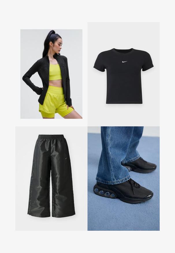 Crna sportska jakna s patentnim zatvaračem u prilagođenom dizajnu, nosi se preko svijetlo žute kratke majice i odgovarajućih kratkih hlača, sve od glatkog, rastezljivog materijala.; Crna majica kratkih rukava od pamuka s okruglim izrezom. Ima bijeli Nike logotip na prsima, minimalistički dizajn i oblik koji prati liniju tijela.; Crne sportske hlače od sjajnoga, glatkog materijala, s elastičnim pojasom, širokim nogavicama i malim logom na lijevoj strani.; Crne atletske tenisice s mrežastim gornjim dijelom, teksturiranim detaljima i vidljivim zračnim jastučićima u potplatu. Nosene su uz plave traperice.