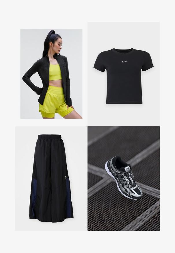 Crna sportska jakna s patentnim zatvaračem u prilagođenom dizajnu, nosi se preko svijetlo žute kratke majice i odgovarajućih kratkih hlača, sve od glatkog, rastezljivog materijala.; Crna majica kratkih rukava od pamuka s okruglim izrezom. Ima bijeli Nike logotip na prsima, minimalistički dizajn i oblik koji prati liniju tijela.; Crne hlače širokih nogavica izrađene od lagane tkanine, sa tamnoplavim bočnim panelom i elastičnom stražnjom trakom. Mali bijeli logo je na dnu.; Nike trkaći model tenisice s crno-srebrnom bojom, mrežastim gornjim dijelom, teksturiranim potplatom i sustavom vezivanja za sigurno prilagođavanje.