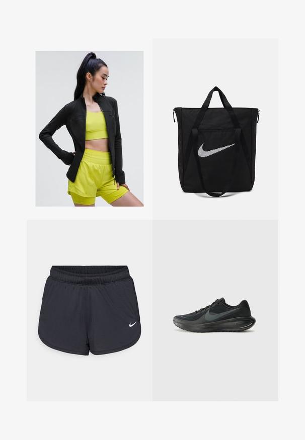 Schwarze, zipfelige Sportjacke mit figurbetontem Design, getragen über einem hellgelben, kurz geschnittenen Top und passenden Shorts, alles aus glattem, dehnbarem Material.; Schwarzes sportliches Crop-Top mit Reißverschluss vorne, Netz-Akzenten und figurnaher Passform. Hergestellt aus dehnbarem, atmungsaktivem Material. Nike-Logo auf der Vorderseite.; Schwarze Sportshorts mit elastischem Bund, sportlichem Design und weißem Nike-Logo vorne unten. Strukturierter Stoff.; Schwarzer Nike-Laufschuh mit einem strukturierten Mesh-Obermaterial, einer glatten Gummisohle und einem abgerundeten Fersendesign. Merkmale ein charakteristisches Swoosh-Logo.; Schwarze Nylon-Tragetasche mit zwei stabilen Griffen und Reißverschluss. Enthält ein auffälliges weißes Nike-Swoosh-Logo in einem horizontalen Streifendesign.