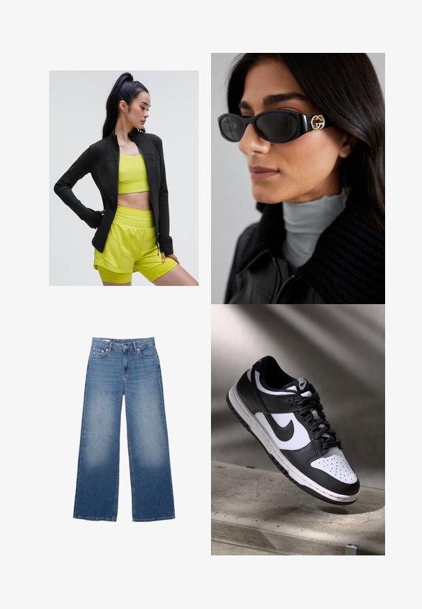 Zwarte sportjack met rits in een aansluitend ontwerp, gedragen over een heldergele cropped top en bijpassende shorts, allemaal gemaakt van gladde, rekbare stof.; Zwart sans-mouwen crop top met een diepe V-hals, gemaakt van gladde, rekbare stof. Heeft een nette zoom en geen zichtbare patronen of accenten.; Wijdvallende, lichtblauwe denim jeans met een verouderde uitstraling, vijf zakken en een knoopsluiting bij de taille. Katoenen materiaal, rechte pasvorm.; Zwart-witte Nike Dunk Low sneaker met een leren bovenwerk, geperforeerde neus, en zwarte veters, met een witte zool en logo-accenten.; Zwarte zonnebril met een stijlvolle rechthoekige montuur en een gouden logo-accent aan de zijkant. Donkere lenzen en een glanzende afwerking zijn opvallend.
