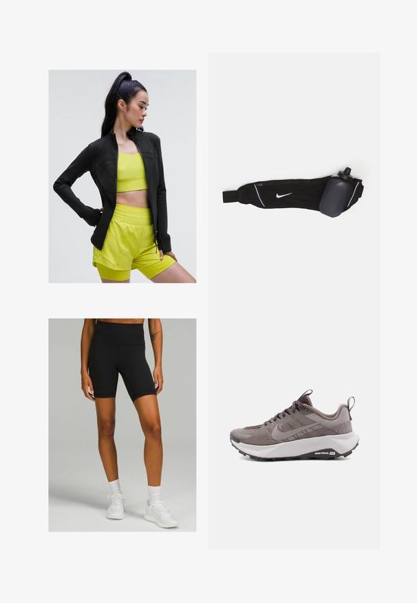 Czarna sportowa kurtka zapinana na zamek o dopasowanym kroju, noszona na jasną żółtą bluzkę z krótkim rękawem i dopasowane szorty, wszystko wykonane z gładkiego, elastycznego materiału.; Czarny top na ramiączkach wykonany z miękkiego, elastycznego materiału. Posiada okrągły dekolt i szerokie ramiączka, zaprojektowany tak, aby ściśle przylegał do ciała.; Czarne rowerowe szorty wysokie w talii, wykonane z elastycznego materiału, o dopasowanym kroju i długości do połowy uda, w połączeniu z białymi butami sportowymi i skarpetkami.; Szare buty do biegania w terenie marki Nike z teksturowaną cholewką, wzmocnionym noskiem, amortyzowaną podeszwą środkową i czarną gumową podeszwą. Sznurowadła i pętla do zakładania w komplecie.; Czarna butelka na wodę z paskiem regulowanym, z białym logo Nike, szarym uchwytem na butelkę oraz białym przeszyciem akcentującym.