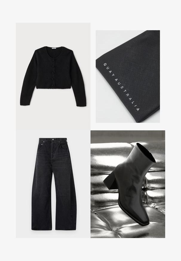 Czarny krótki kardigan wykonany z miękkiego, puszystego materiału. Posiada okrągły dekolt, długie rękawy oraz sześć dekoracyjnych guzików z przodu.; Biała koszulka z bawełny, z krótkimi rękawami i okrągłym dekoltem. Charakteryzuje się luźnym krojem oraz minimalistycznym stylem, bez wzorów i dodatków.; Citizens of Humanity - Jeansy Relaxed Fit; Czarne botki za kostkę wykonane z błyszczącego materiału, z kwadratowym noskiem i zwężającym się obcasem, na tle błyszczącego srebrnego tapicerowanego tła.; Czarna saszetka teksturowa z wypukłym wzorem, z wytłoczonym napisem "QUAY AUSTRALIA" w białym kolorze wzdłuż jednego brzegu.; Brązowa skórzana torebka o wyraźnym kształcie, ze srebrnym okuciem i podwójnymi uchwytami. Posiada akcent z logo na przodzie oraz odpinany pasek.