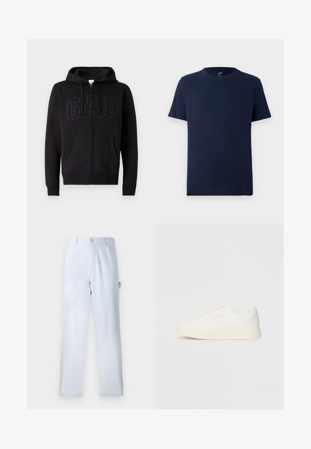 Svart hettegenser med glidelås laget av bomullsblanding. Har en kengurulomme, snøring i hetta og stor GAP-logo foran i mørkegrå.; Marineblå kortermet T-skjorte i bomull med rund hals og en liten GAP-logo trykt på innsiden av kragen.; Lyseblå stripete bukser laget av bomull. Rett ben-design, med knappelukking foran og sidelommer. Myk tekstur.; Hvite slip-on joggesko med teksturert overflate, tykk såle og minimalistisk design. Har merkevarelogo på siden.