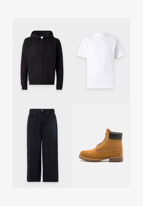 Black zip-up hoodie made of cotton blend. Features a kangaroo pocket, drawstring hood, and large GAP logo on the front in dark gray.; White short-sleeve t-shirt made of cotton with a crew neckline, featuring a smooth texture and simple design without patterns or accents.; Black denim pants with a straight leg design, featuring five pockets, a button closure, and a clean finish. Durable fabric with a matte texture.; Tan suede ankle boot with black padded collar, gold metal eyelets, white stitching detailing, and rugged rubber sole with pronounced treads.