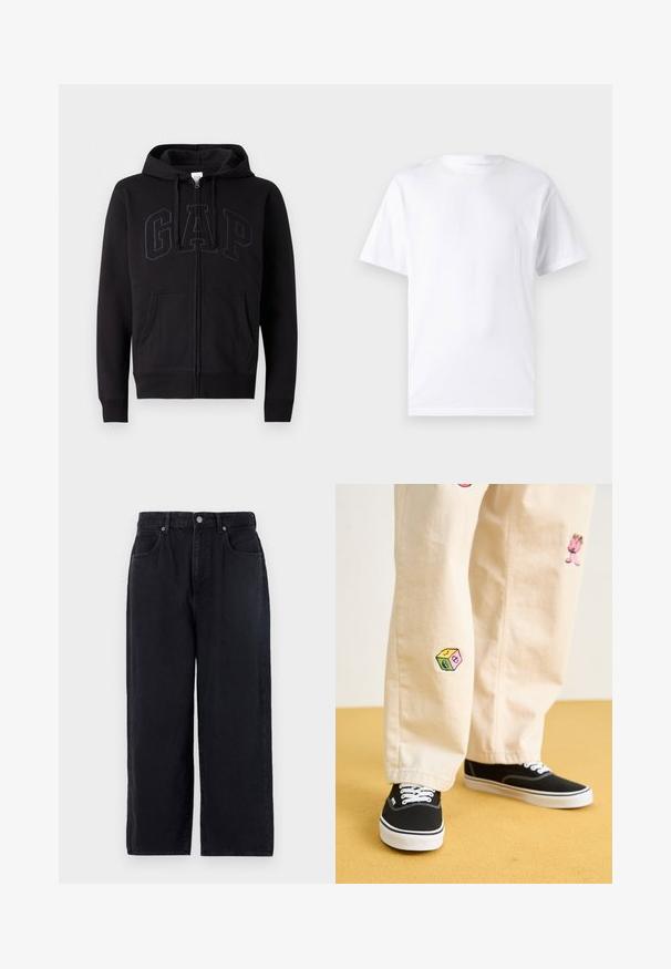 Sort zip-up hoodie lavet af bomuldsblanding. Har en kängerupocket, snøre i hætten og stort GAP-logo på fronten i mørkegrå.; Hvid kortærmet t-shirt lavet af bomuld med rund hals, der har en glat tekstur og et simpelt design uden mønstre eller accenter.; Sorte denimbukser med lige ben, der har fem lommer, knaplukning og en ren finish. Holdbart stof med en mat tekstur.; Beige bomuldsbukser med legende broderede designs, herunder en lyserød karakter og farvede blokke, parret med sorte snørebåndssneakers.