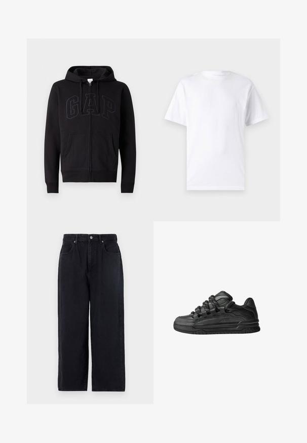 Zwarte rits hoodie van een katoenmix. Voorzien van een kangoeroezak, een capuchon met trekkoord en een groot GAP-logo op de voorkant in donkergrijs.; Witte T-shirt met korte mouwen, gemaakt van katoen, met een ronde hals. Het heeft een gladde textuur en een eenvoudig ontwerp zonder patronen of accenten.; Zwarte denim broek met een rechte pasvorm, voorzien van vijf zakken, een knoopsluiting en een nette afwerking. Duurzame stof met een matte textuur.; Zwarte sneakers met een glad leren bovenwerk, gearceerde accenten en ronde zwart-witte veters. Dikke rubberen zool met een geprofileerd loopvlak.