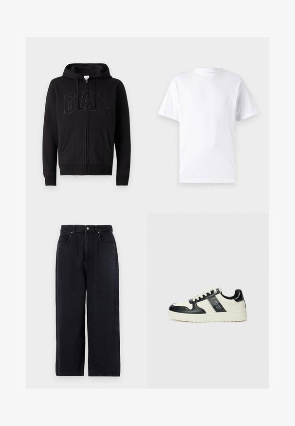 Felpa nera con zip realizzata in un mix di cotone. Presenta una tasca a marsupio, cappuccio con cordoncino e un grande logo GAP sul fronte in grigio scuro.; T-shirt bianco a maniche corte in cotone con scollo rotondo, caratterizzato da una texture morbida e un design semplice senza motivi o accenti.; Pantaloni di denim neri con design a gamba dritta, dotati di cinque tasche, chiusura con bottone e finitura pulita. Tessuto resistente con una texture opaca.; Sneakers in pelle con una combinazione di colori nero e crema, dotati di dettagli perforati, collare imbottito e suola testurizzata.