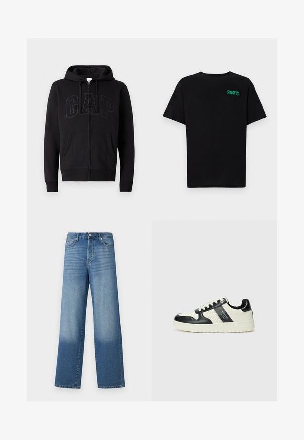 Melna zip-up kapučjaka, izgatavota no kokvilnas maisījuma. Iespējo kanaguru kabatu, regulējamu kapuci un lielu GAP logo priekšpusē tumši pelēkā krāsā.; Melna kokvilnas t-kreka ar īsām piedurknēm. Uz priekšu ir zaļa "ROOTS" logo, apaļa kakla izgriezums un standarta piegriezums.; Zilas augstās jostasvietas taisnas kāju džinsas ar nodilumu uz augšstilbiem un tumšāku nokrāsu pie apakšmalām, redzami priekšējie pogas un kabatas.; Ādas sporta apavi ar melnbaltu krāsu shēmu, ar perforētiem akcentiem, mīkstinātu apkakli un teksturētu zoli.