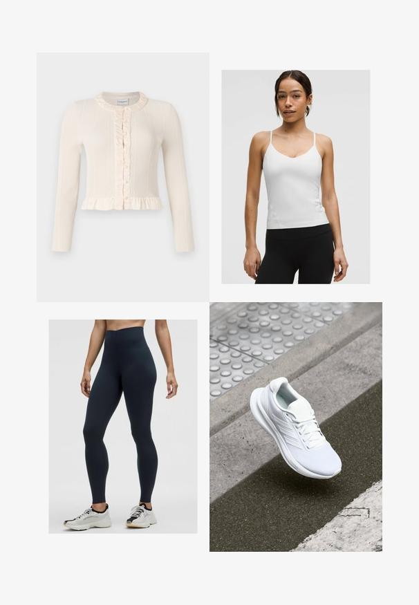 Krēms krāsas ribota kardigāna ar garām piedurknēm, viļņotu apkakli un aizpogājamu priekšu. Iespējo pepluma apakšdaļu, kas piešķir papildu faktūru un detaļas.; Balta camisole blūze ar plānām siksnām, V veida izgriezums un pieguļošs siluets. Gluda tekstūra, minimālas detaļas, valkāta ar melnām legingām.; Augstas jostas līnijas tumši zili legingi, izgatavoti no elastīga auduma, ar gludu tekstūru un piegulošu dizainu. Valkāšanai kombinēti ar baltām un melnām sporta apaviem.; Balta sporta apava, kas izgatavota no acu materiāla, ar sasaistes dizainu un teksturētu zoli. Redzamas smalkas zīmola detaļas un bezšuvju konstrukcija.