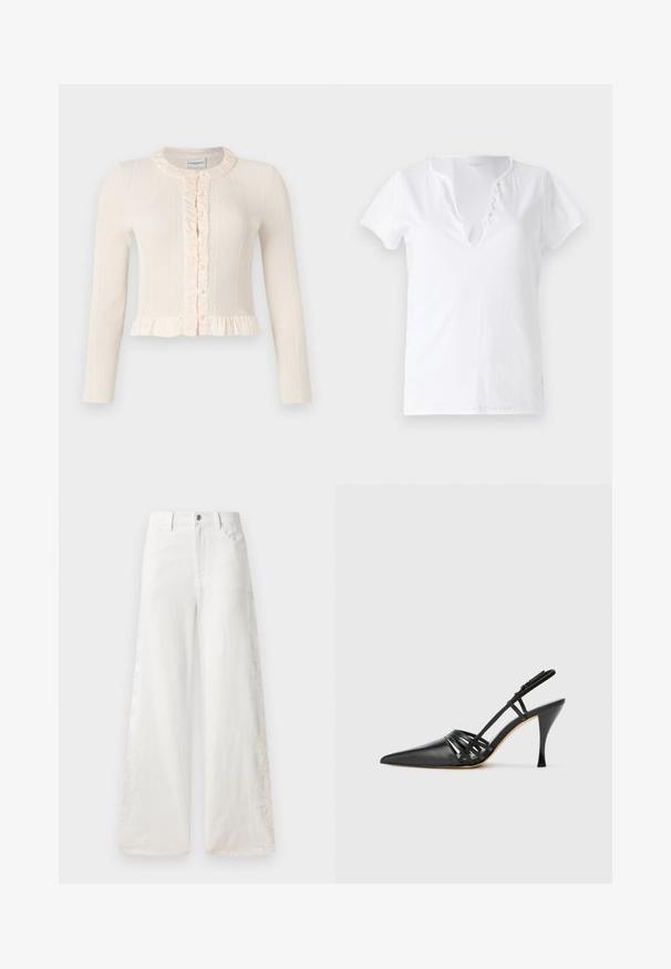 Kremowy kardigan w prążki z długimi rękawami, falbankowym kołnierzem i zapięciem na guziki. Posiada fason z falbaną na dole, co dodaje tekstury i detalu.; Biała bawełniana koszulka z krótkim rękawem, luźny krój i dekolt w kształcie litery V z plisą ozdobioną pięcioma guzikami.; Białe dżinsy o szerokich nogawkach z haftowanymi wzorami po bokach i tradycyjnym pięciokomorowym fasonie. Zapięcie na zamek błyskawiczny z guzikiem.; Czarne skórzane buty na wysokim obcasie typu slingback z ostro zakończonym noskiem, krzyżującymi się paskami i smukłym obcasem w szpic. Gładka faktura i minimalne akcenty.