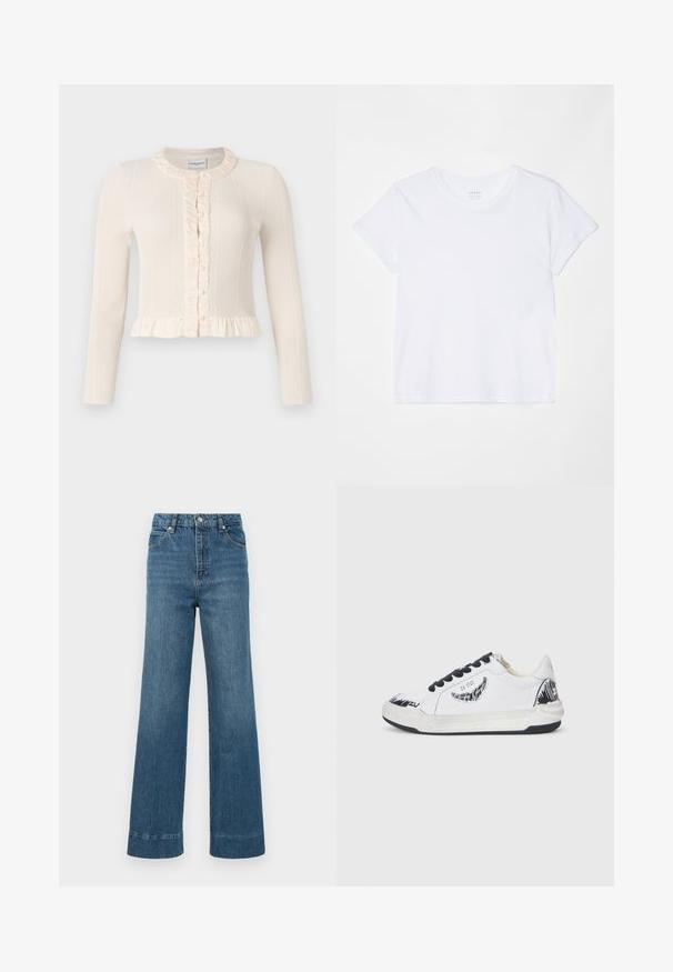Krema rebrast cardigan z dolgimi rokavi, naborkastim ovratnikom in gumbastim zapiranjem. Ima peplum rob za dodatno teksturo in detajle.; FRAME BABY TEE - Navadna majica - white; Široke modre jeans hlače imajo visok pas, zasnovo s petimi žepi in raztrgan rob. Tkanina ima gladko teksturo z rahlim zbledelostjo.; Bela teniska z črnimi detajli, ki ima teksturiran dizajn na strani, črne vezalke in gumijast podplat. Logotip in umetniško delo na zgornjem delu.