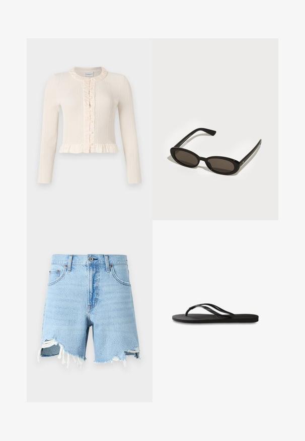 Cremfarbener gerippter Cardigan mit langen Ärmeln, Rüschenausschnitt und geknöpftem Vorderteil. Verfügt über einen Peplum-Saum für zusätzlichen Textur- und Detailreichtum.; Weißes ärmelloses Tanktop aus geripptem Stoff, mit rundem Ausschnitt und figurbetonter Silhouette, minimalen Nähten und ohne Verzierungen.; Hellblaue Denim-Shorts mit klassischem Fünf-Taschen-Design, ausgefranster Säume und abgetragenen Details auf der Vorderseite.; Schwarze Flip-Flops mit einer strukturierten Gummisohle, zwei schlanken Riemen und einem dezenten, geprägten Logo-Detail auf dem Riemen.; Schwarze Sonnenbrille mit ovalen, halbrandlosen Gläsern. Glänzende Rahmen und schlanke Bügel. Dunkel getönte Gläser mit minimalen Hardware-Details.