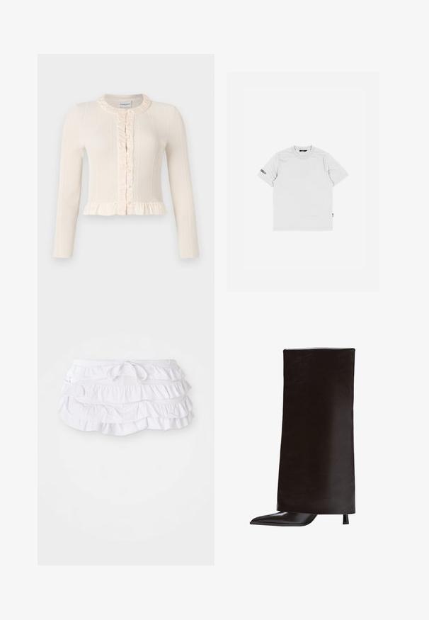 Cardigan a coste crema con maniche lunghe, colletto arricciato e chiusura con bottoni. Presenta un orlo a peplo per un tocco di texture e dettagli in più.; Maglietta bianca in cotone con maniche corte, collo tondo e un piccolo logo nero ricamato sulla manica sinistra. Texture semplice e liscia.; Gonna da bagno bianca a balze con più strati, dotata di vita con cordoncino per la regolazione. Tessuto morbido con una texture liscia.; Stivale nero al ginocchio realizzato in pelle liscia, con punta appuntita e tacco sottile. Design minimalista con una silhouette elegante e strutturata.